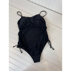 Beach Bump Womens Black Drawstring Side Padded Maternity One Piece Swimsuit Sz M